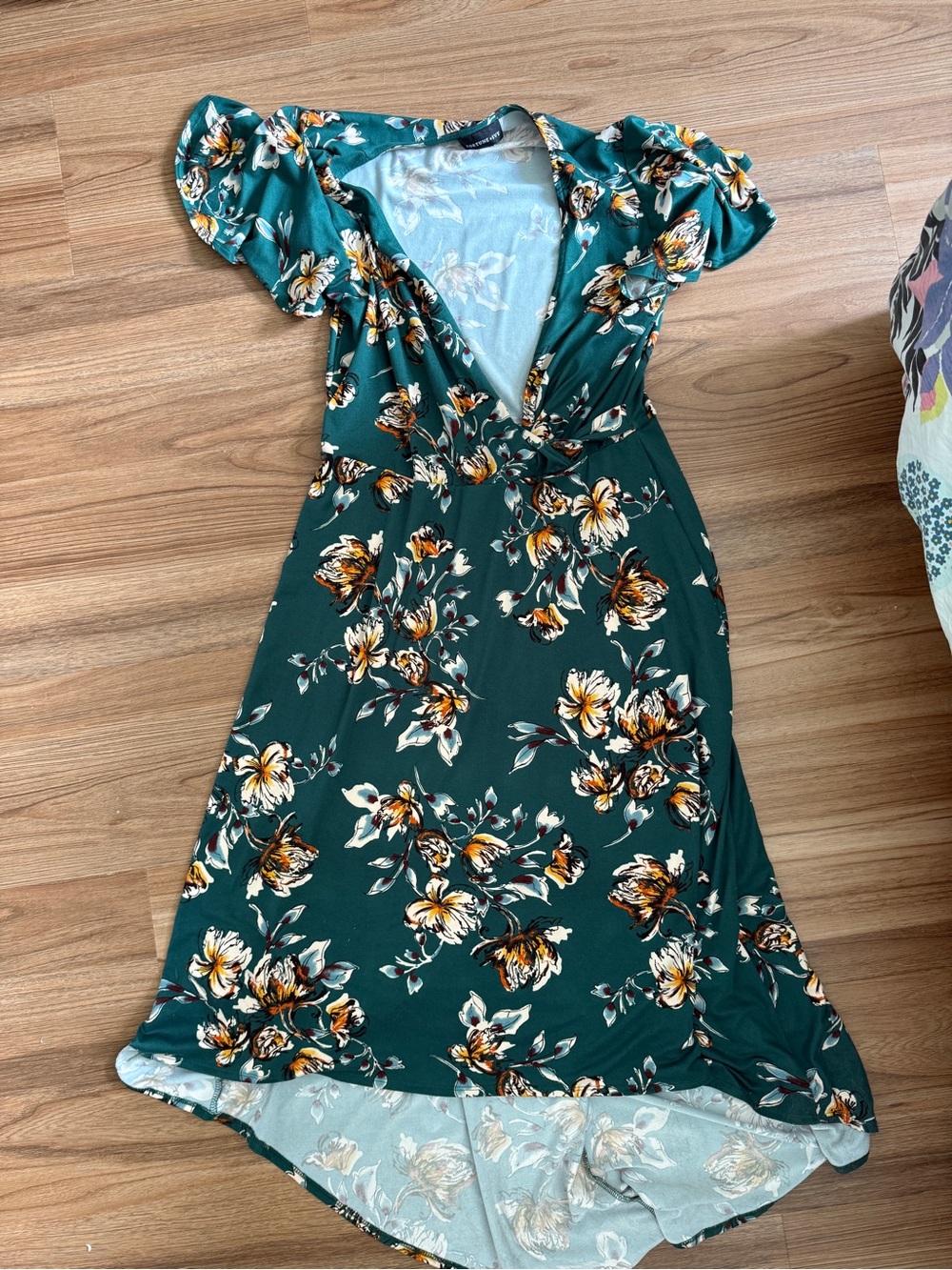 Teal Green Floral High-Low Wrap Dress